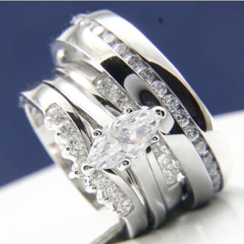 3pcs His Hers Engagement Wedding Band Ring Set Marquise Cut Mens and 