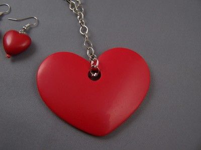 Red Heart Long Y Necklace Earrings Set NEW silver tone  