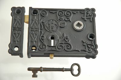  VERTICAL RIM OR BOX LOCK REVERSIBLE, WITH ORNATE DESIGN ON LOCK BOX 