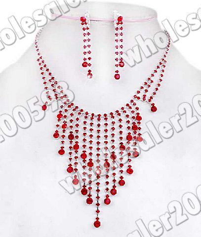 Red Rhinestone Crystal Fringe Necklace+Earrring Set W16028