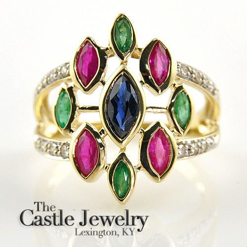 SAPPHIRE RUBY EMERALD .15 CT DIAMOND COCKTAIL RING YG  