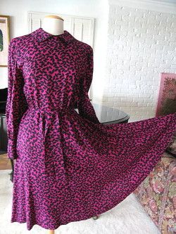 ADELE SIMPSON VINTAGE WOOL HOT PINK LEOPARD DRESS~8  