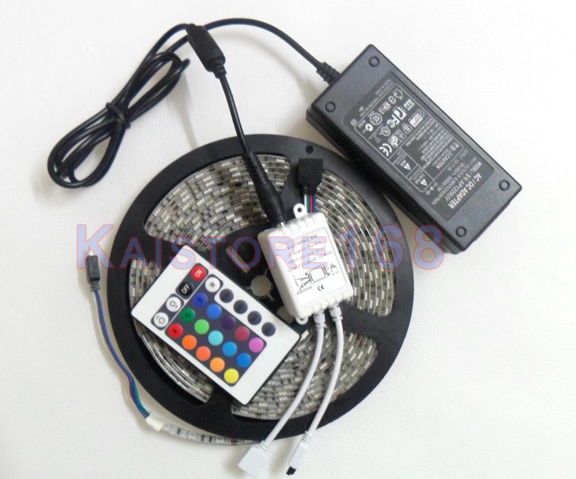 5M 3528 RGB 300 LEDs Waterproof Strip Light+24 Key IR Remote+12V Power 