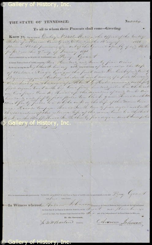 ANDREW JOHNSON   LAND GRANT SIGNED 03/01/1856  