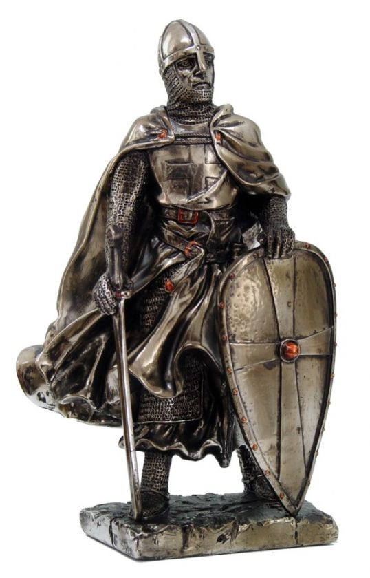 CRUSADER MEDIEVAL KNIGHT with ARMOR HELMET & SWORD FIGURINE STATUE 