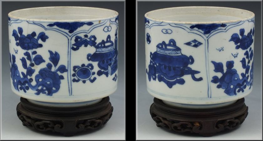   Period Chinese Porcelain Brush Pot w/ Under Glaze Blue Designs  