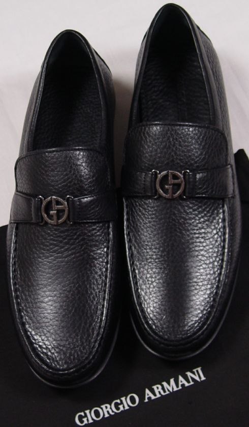 GIORGIO ARMANI SHOES $585 BLACK LOGO ORNAMENTED VAMP LEATHER DRIVERS 