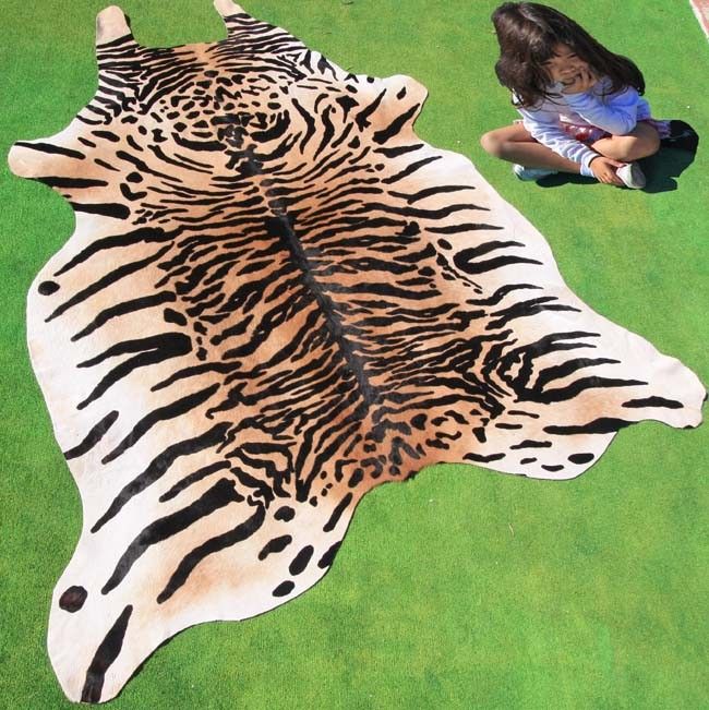 Tiger Print/Printed Cowhide Cowskin Cow Hide Rug Animal Leather Carpet 