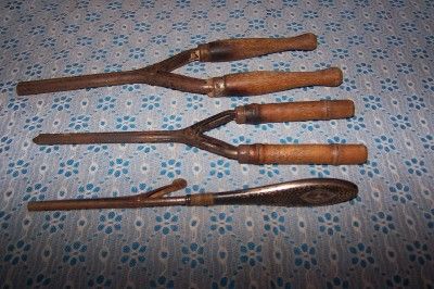 Vintage/Antique Lot Of 3 Curling Irons Wooden Handle  