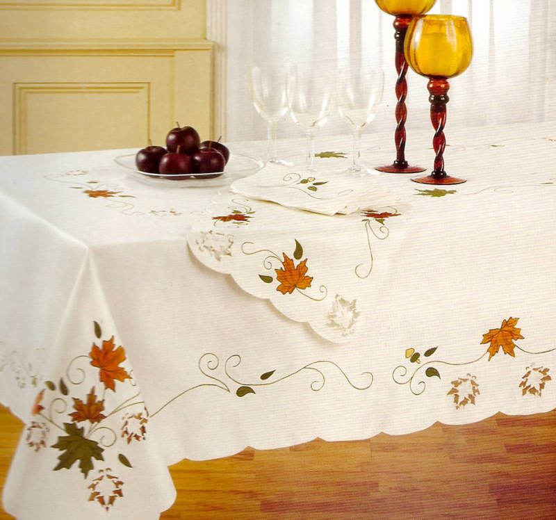 PINE RIDGE APPLIQUE CUTWORK FALL LEAF TABLECLOTH NAPKIN  