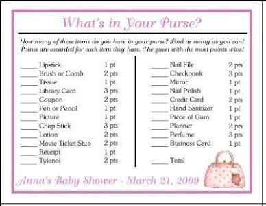 WHATS IN YOUR PURSE BABY BRIDAL SHOWER ICE BREAKER GAME  