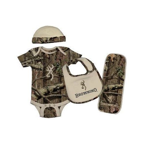 BROWNING BABY CAMO SET TAN ONESIE, HAT, BIB, BURP CLOTH  