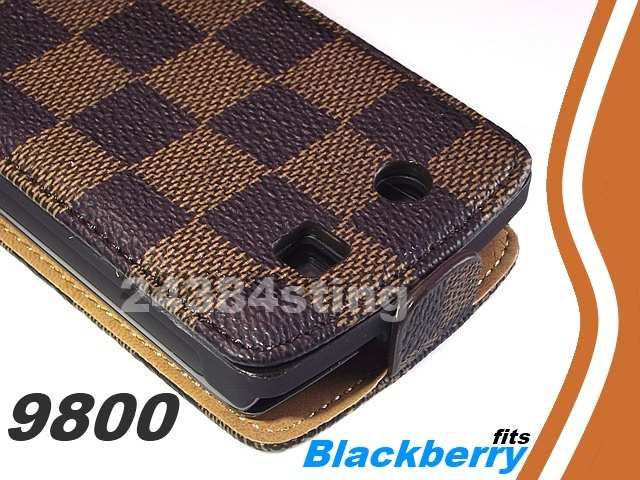 LEATHER DESIGNER CHECKERED BROWN FLIP CASE POUCH for BLACKBERRY TORCH 