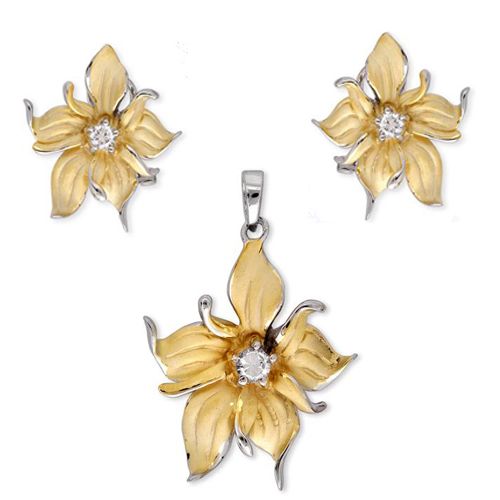 CZ Vermeil Gold Plated Flower Earrings And Pendant Set  