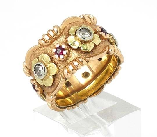 RETRO 14K 2 TONE GOLD DIAMONDS & RUBIES FLOWER RING  