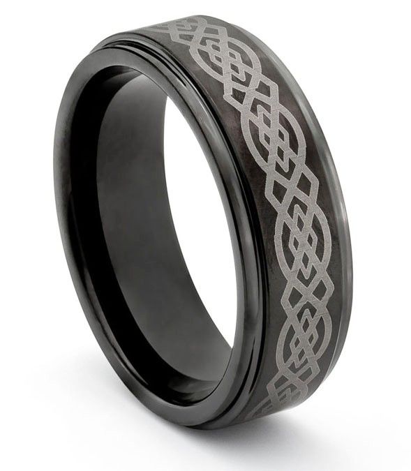   Ladies Black Wedding Band Ring w/ Laser Engraved Celtic Design  