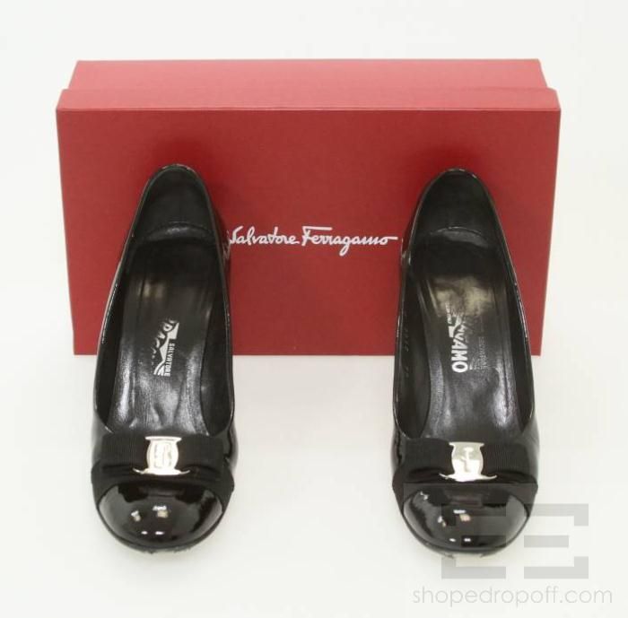 Salvatore Ferragamo Black Patent Leather Grosgrain Bow Pumps Size 9.5B 