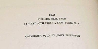 The Grapes of Wrath by John Steinbeck 1941 Sun Dial Press HC  