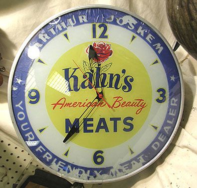 VINTAGE DUALITE LIGHT UP ADVERTISING CLOCK KAHNS MEATS BUTCHER 