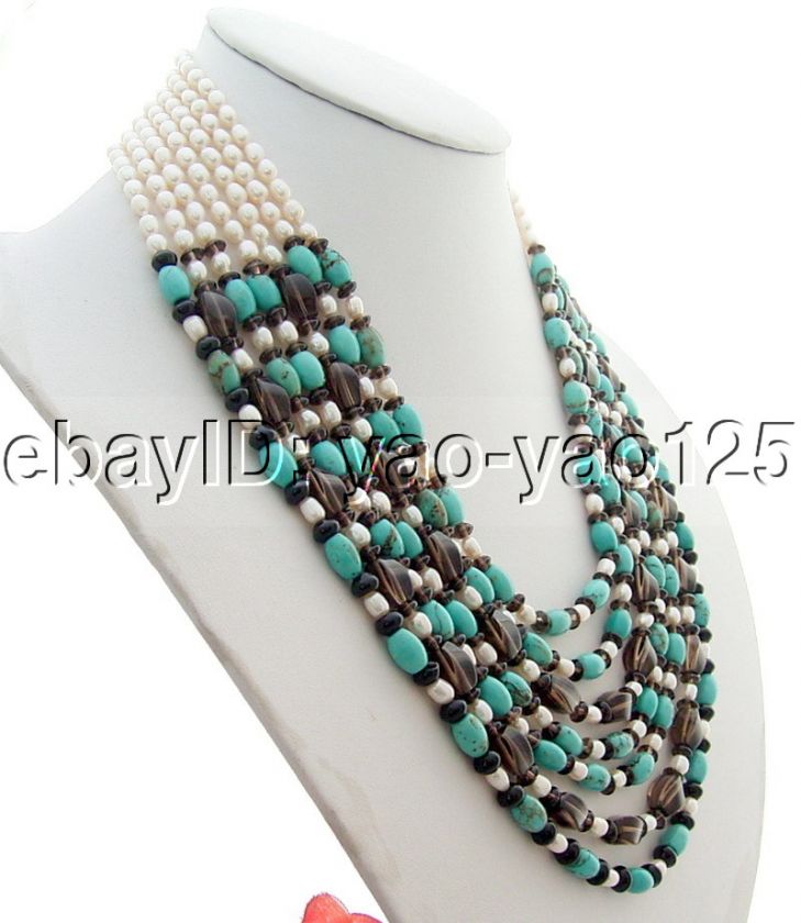 Stunning 7Strds Pearl&Turquoise&Smoky Quartz Necklace  