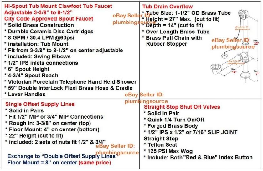 Adj. 3 3/8 to 9 Tub Mount ClawFoot Faucet Supply Lines,Drain,Valves 