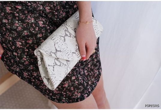 White Vline Flap Python Snake Skin Clutch Evening Bag  