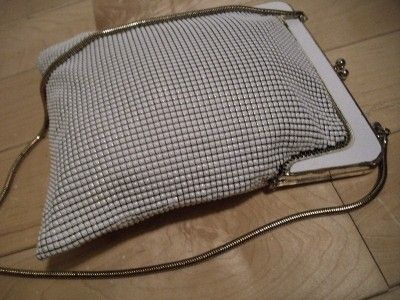 VINTAGE STERLING SILVER WHITE MESH EVENING BAG PURSE SHOULDER HANDBAG 