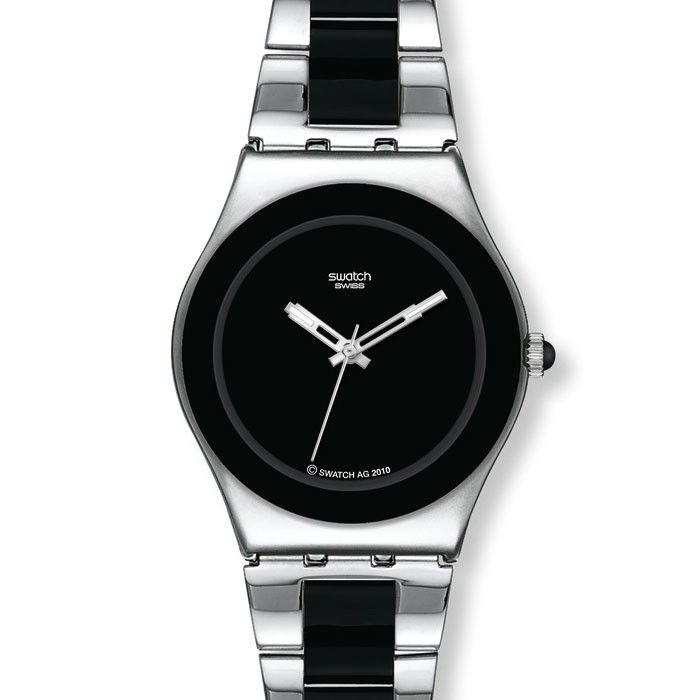 Swatch Black Ceramic Two Tone SS Womens Watch YLS168G  