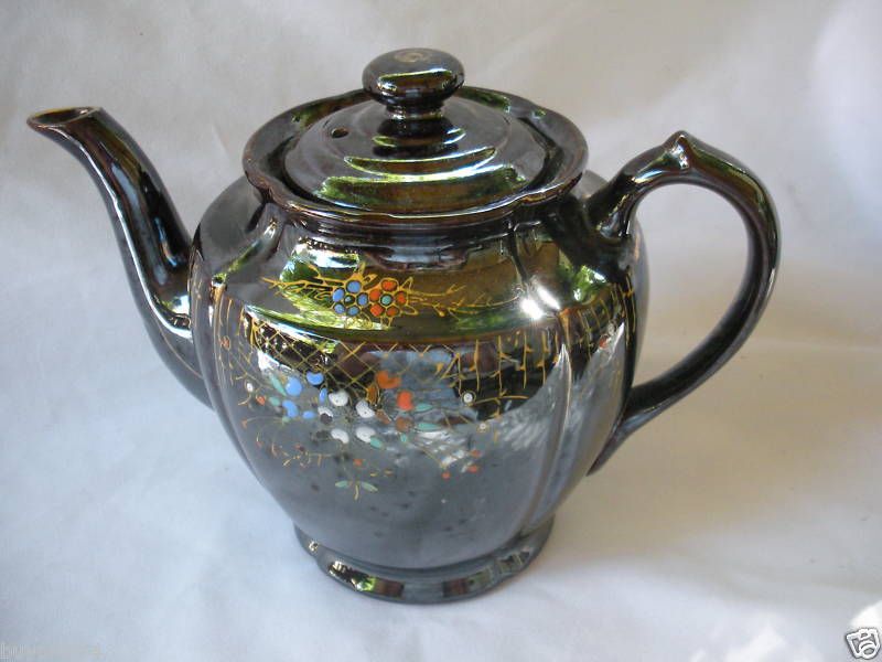 VINTAGE* BROWN Hand Painted CERAMIC TEA POT JAPAN~  