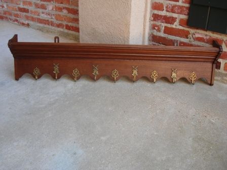 Antique English Oak Wall Shelf Kitchen Foyer Coat Hat Rack BRASS 