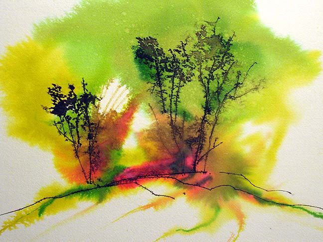   untitled Original Watercolor Painting on Paper, trees bright colors